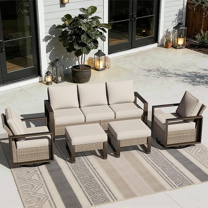 Outdoor Patio Swivel Rocker Chairs, 5 Pieces Wicker Furniture Set, 2 Swivel Rocking Chairs, 1 Sofa and 2 Ottoman, Metal Wide Armrest, Thick Cushions and Deep Seating for Garden, Backyard, Porch, Deck