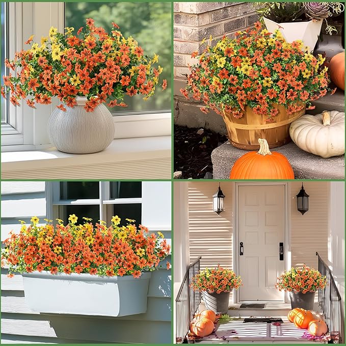 Artificial Flowers for Outdoors 12 Bundles Fake Plants Spring Home Decoration, Realistic Faux Flower Silk Daisy with Eucalyptus Stem UV Resistant Patio Planter Porch Yard Window(Orange Yellow)