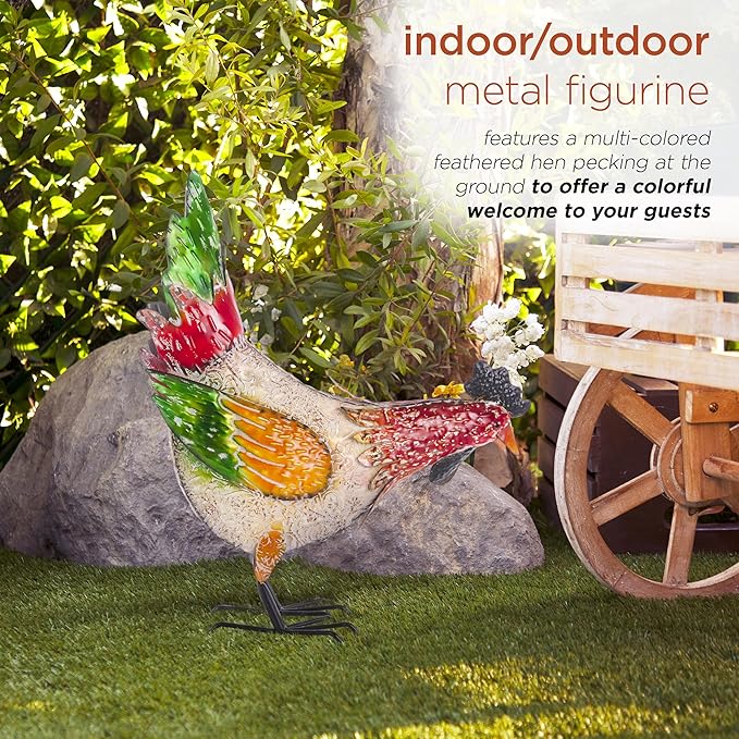 Alpine Corporation ORS858 Indoor/Outdoor Metal Pecking Hen Decorative Garden Statue, 21" H, Multicolor