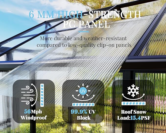 Jocisland 8x12x7.5 FT Greenhouse - Outdoor Aluminum Polycarbonate Greenhouse with Ventilation and Rain Gutter, 4 Swing Doors with Hook, Walk in Greenhouse for Outdoors Backyard Garden, Black