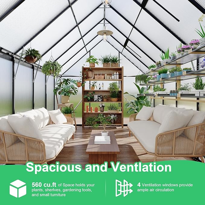 Polycarbonate Greenhouse for Outdoors, Large Walk-InGreenhouse with Quick Setup Structure and Roof Vent, Greenhouse with Ventilation and Rain Gutter