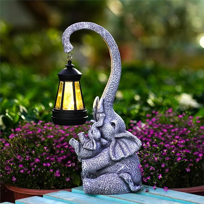 Pohabery Elephant Outdoor Statues with Cute Baby Garden Decor, Resin Elephant Figurines with Solar Lantern Outdoor Decoration Gifts for Mothers Day, Birthday Day