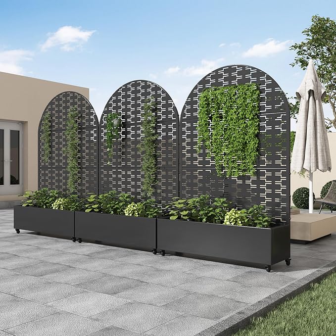 Casaphoria Metal Raised Garden Bed with Trellis and Wheels, 72"x47"x16" Arched Planter Box for Climbing Plants, Vegetables & Vines, Features Drainage Holes and Privacy Screen (Black-Square)
