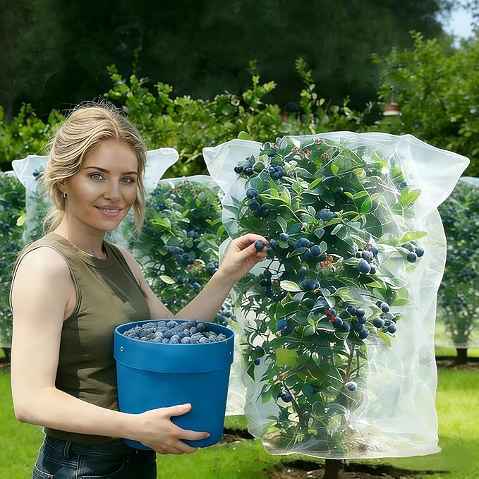 Fruit Tree Netting with Drawstring, 4 Pack 2.6x3.3 FT - Easy Install Plant Protection Cover, Reusable Garden Mesh Bag for Blueberry Bushes/Tomato - Block Birds/Insect/Squirrels