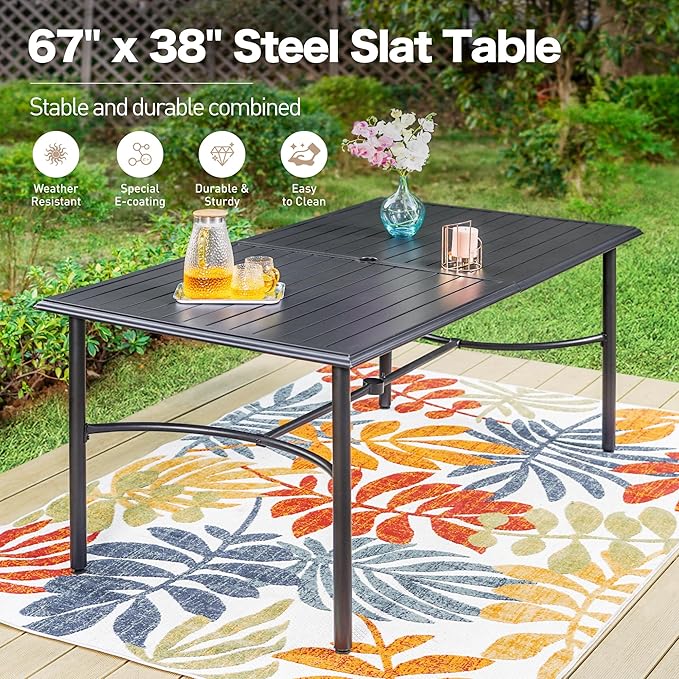 67" Patio Dining Table for 6,Large Rectangle Patio Table with Umbrella Hole,E-Coating and Powder Coating Steel Frame Metal Outdoor Patio Table for Garden Backyard Lawn Yard