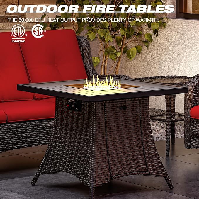 Joyside 3 Piece Wicker Patio Furniture Set with Fire Pit Table, Rattan Patio Chairs with High Back, Deep Seating, Wide Armrest, Thickened Cushions, Outdoor Furniture for Deck, Porch Use