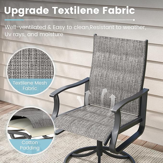 Patio Swivel Chairs Set of 2, Outdoor Dining Chairs with High Back, 360° Swivel Rocker Chair in All-Weather Padded Textilene & Metal Frame for Garden, Porch, Backyard, Balcony(Padded Grey)