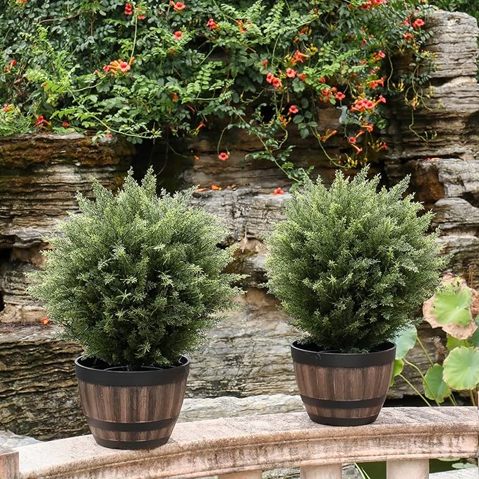 Gonuien 21” Artificial Cedar Outdoor Artificial Shrub Sunlight Resistant Leafy Potted Plant for Indoor Porch of Home and Office Artificial Outdoor Tree 2 Pieces a Set Topiary Trees