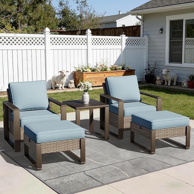 Joyside Outdoor Patio Chairs, 4 Pieces Wicker Rattan Furniture Set, 2 Patio Chairs, 2 Ottoman and 1 Table, Metal Wide Armrest, Thick Cushions and Deep Seating for Garden, Backyard, Porch, Deck