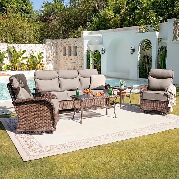 Belord Upgraded 6“ Cushion Luxury 5 Piece Patio Furniture Set - High Back Outdoor Furniture Set with Swivel Rocker Patio Chairs, All-Weather Wicker Conversation Set for Deck Porch Yard - Brown/Beige