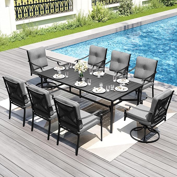 PHI VILLA 9 Pieces Outdoor Dining Set for 8, Rectangular Black Long Wrought Iron Table with Umbrella Hole & Fixed, Swivel Metal Chairs, Large Modern Furniture Set with Cushions for Patio, Deck, Porch