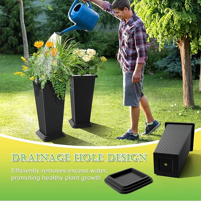 TUYOHW Set of 2 Large Tall Planter for Indoor or Outdoor 24" Flower Pots Tapered Tall Planters with Tray for Porch, Patio, Backyard, Large Planters for Outdoor Indoor Plants(Black,Striped)