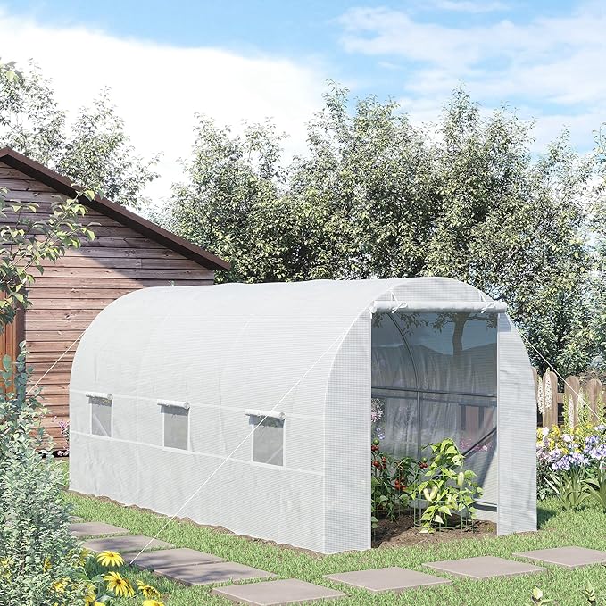 Outsunny 15' x 7' x 7' Walk-in Tunnel Greenhouse, Large Garden Hot House Kit with 6 Roll-up Windows & Roll Up Door, Steel Frame, White