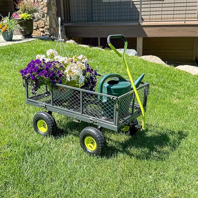 Yard Tuff 3-in-1 Dual Side Dump Wagon with Fold-Down Sides for Outdoor Garden, and Lawn with Pneumatic Tires and Heavy Duty Steel, 20 x 38 Inch