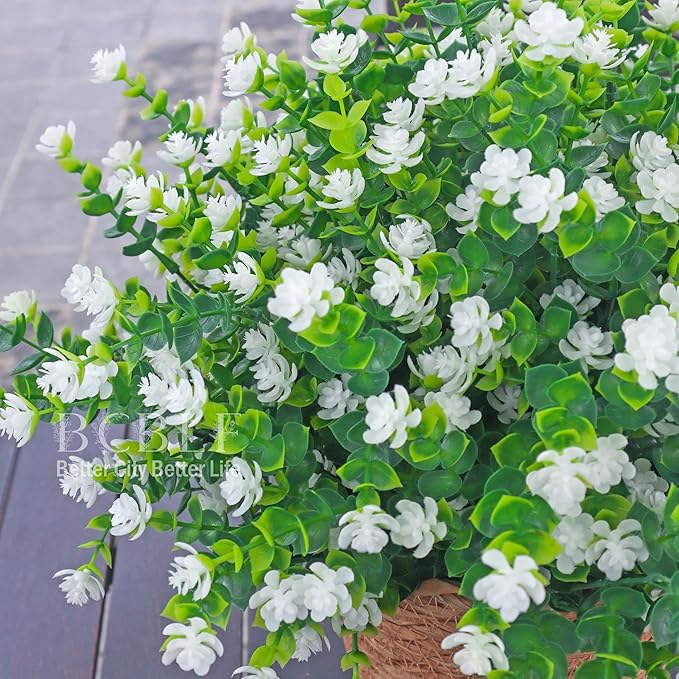 BCBLF Artificial Flowers for Outdoors, Outdoor Faux Plants, 12 Bundles UV Resistant Realistic, Faux Flowers for Outdoor Planters, Spring Summer Home Garden Decoration, White