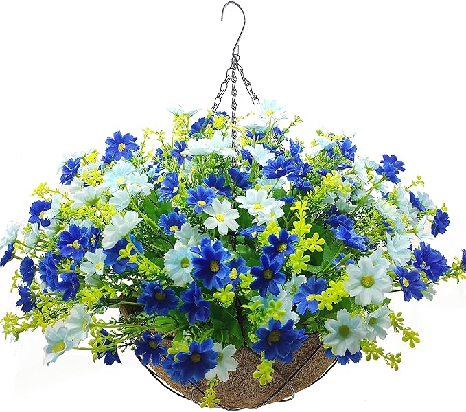 Lamsze Artificial Faux Hanging Plants Flowers Basket for Summer Autumn Outdoor Outside Porch Decoration, Fake Silk Colorful Daisy Eucalyptus UV Resistant Look Real for Home Patio Balcony Yard