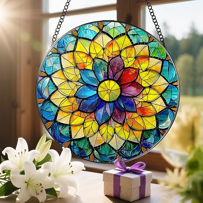 LAOWEIKI 8'' Rainbow Mandala Sun Catcher Ornament, Stained Glass Window Hanging, Sun Catchers for Windows Hanging Ornaments, Window Decor, Ideal Gift | Colorful Spiritual Gifts for Her