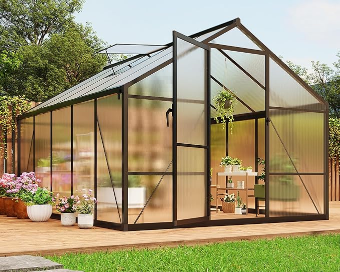 8 X 10 FT Greenhouse, Outdoor Greenhouses, Polycarbonate Panels with Aluminum Frame, Adjustable Roof Vent and Lockable Door, Green Houses for Outside Backyard, Garden, Black