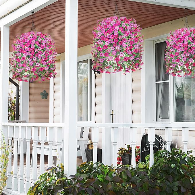 HyeFlora Artificial Hanging Flowers Basket for Outdoor, Fake Flowers Faux Plants Look Real for Yard Gardens Porch Patio Home (Purple+Hotpink)