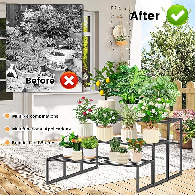 Gouisalin 3 Tier Metal Plant Stand Indoor Outdoor, Potted Multiple Flower Pot Holder Rack Plant Shelf, Heavy Duty Planter Display Shelving for Patio Balcony Garden Living Room Decorative (3 Tier- Black)