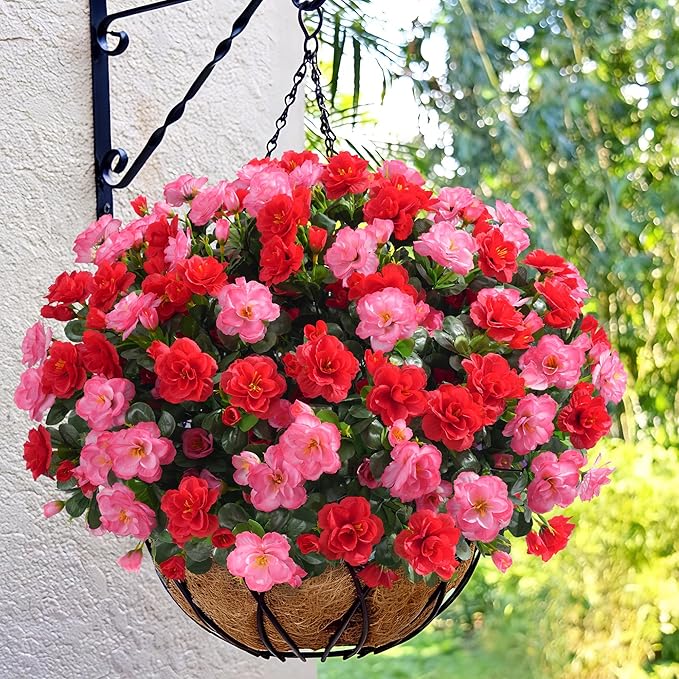Artificial Fake Outdoor Flowers Plants, Faux Silk Camellia Bundles UV Resistant No Fade Realistic for Planter Pot, Outside Porch Patio Balcony Garden Yard Home Decoration, 3 Large Bundles(Melon Red)