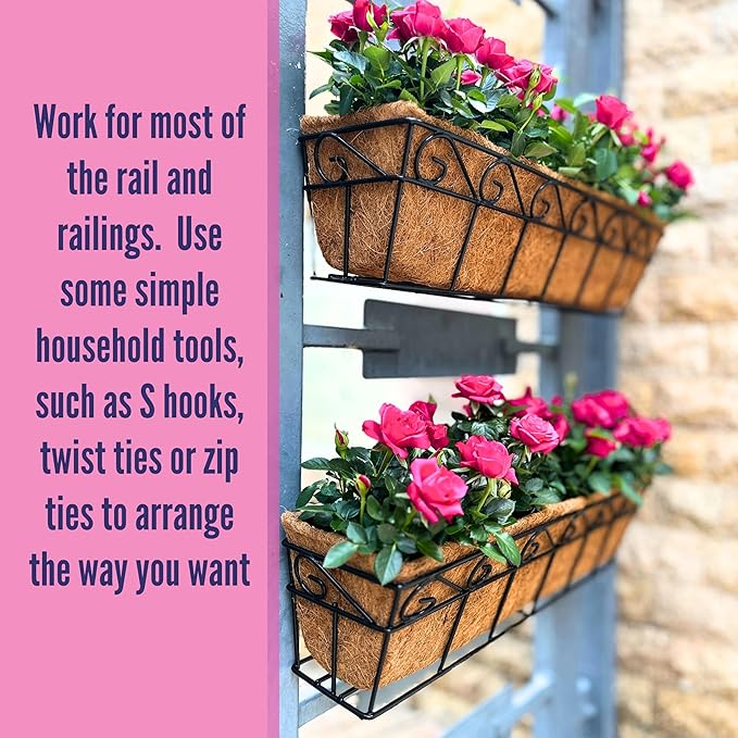 LaLaGreen Wall Mounted Planters - 30 Inch, 4 Pack Window Flower Boxes Basket Outdoor, Balcony Planter Over The Rail, Deck Railing Hanging with Coco Liners, Metal Horse Troughs Fence Patio Porch