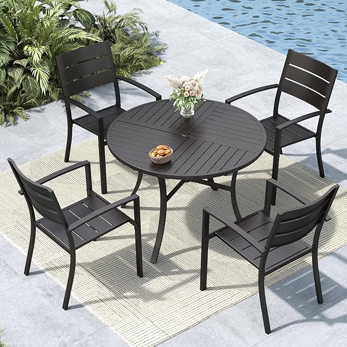 MFSTUDIO Round Patio Table and Chairs Set, Black Metal Outdoor Dining Set for 4 with Umbrella Hole, 5 Piece Wrought Iron Patio Furniture Dining Set for Deck Backyard Garden