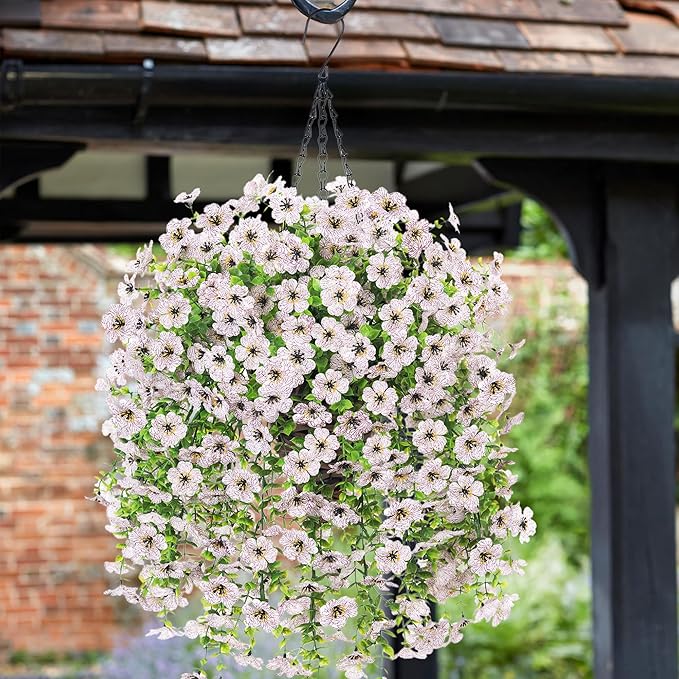 HyeFlora Artificial Hanging Flowers Basket for Outdoor, Fake Flowers Faux Plants Look Real for Yard Gardens Porch Patio Home (White)