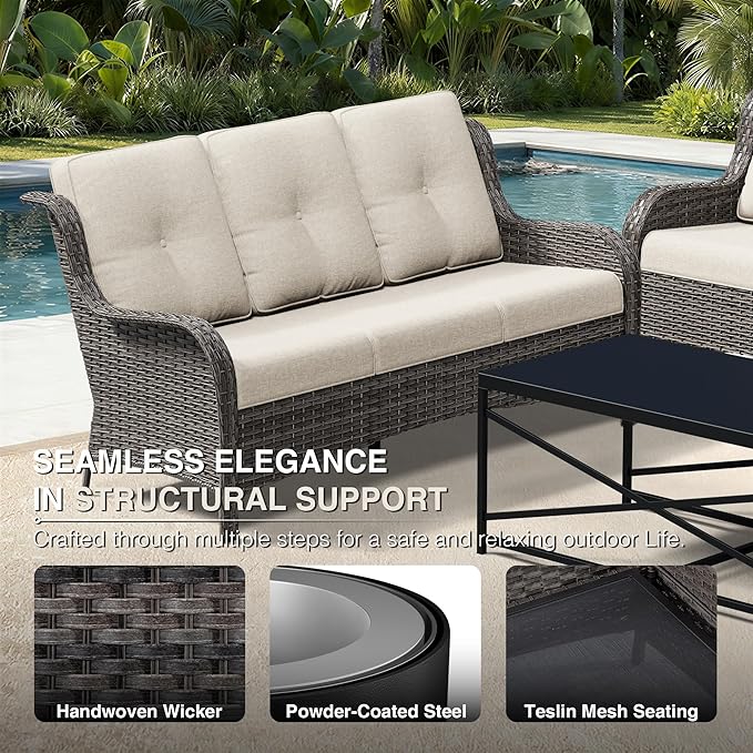 Joyside 7 Piece Wicker Patio Furniture Set, Rattan Patio Chairs with High Back, Deep Seating, Wide Armrest, Thickened Cushions, Outdoor Furniture for Deck, Porch Use