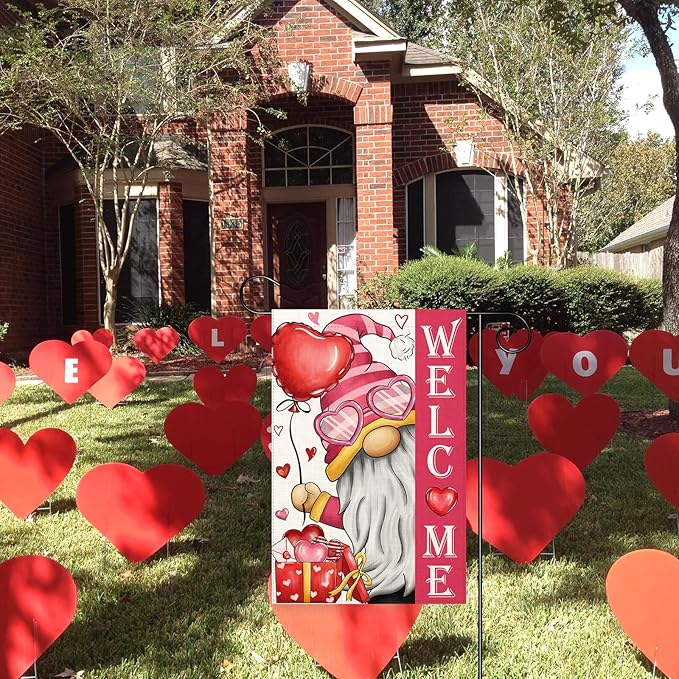 Valentines Day Gnome Garden Flag 12x18 Double Sided Vertical Outdoor Flag Love Heart Red Holiday Yard Lawn Outdoor Decoration (Love Garden Flag)