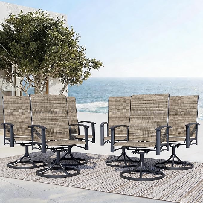 Outdoor Swivel Dining Chair Set of 6, All Weather Patio Dining Chair with Textilene High Back and Metal Frame for Backyard, Lawn Garde and Deck, Mocha