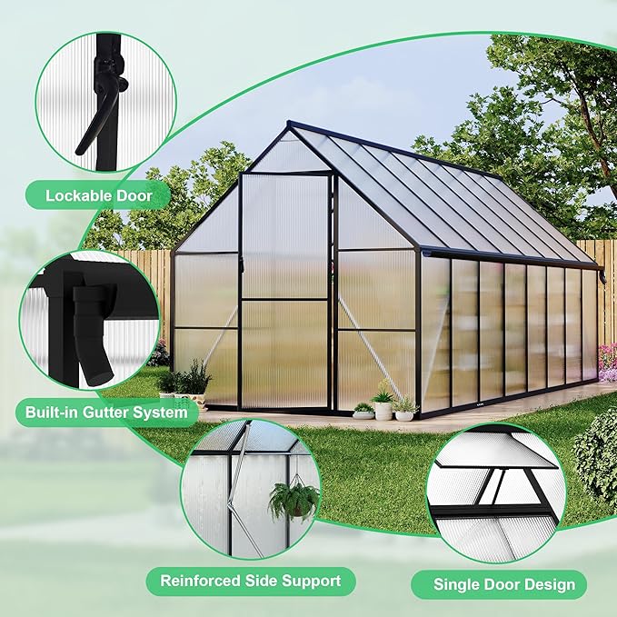 Polycarbonate Greenhouse for Outdoors, Large Walk-InGreenhouse with Quick Setup Structure and Roof Vent, Greenhouse with Ventilation and Rain Gutter