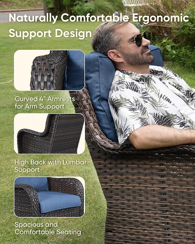 HUMMUH 3 Pieces Patio Bistro Set Wicker Patio Chairs Set of 2 with Tempered Glass Top Side Table Rattan Outdoor Furniture Conversation Set for Yard,Garden,Porch