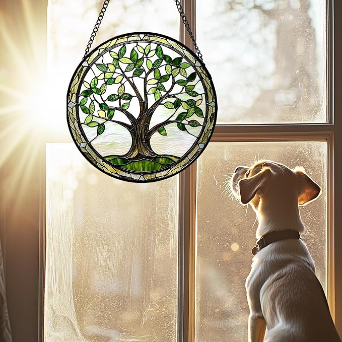 AMDERVEN Stained Glass Window Hanging - Brown Tree Trunk Green Leaves Sun Catcher for Door Garden Home Decor Plant Suncatcher Christmas Mother's Day Birthday Gifts for Women Men Mom Nana 15 in