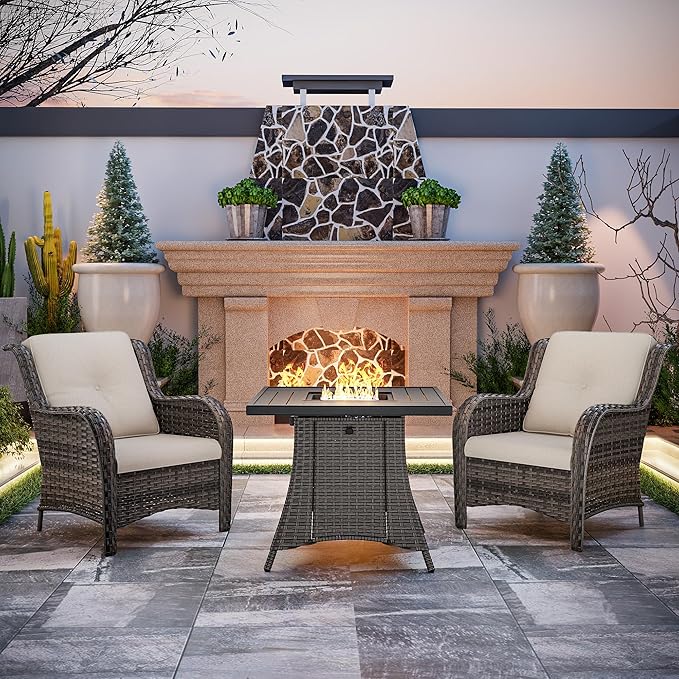 Joyside 3 Piece Wicker Patio Furniture Set with Fire Pit Table, Rattan Patio Chairs with High Back, Deep Seating, Wide Armrest, Thickened Cushions, Outdoor Furniture for Deck, Porch Use