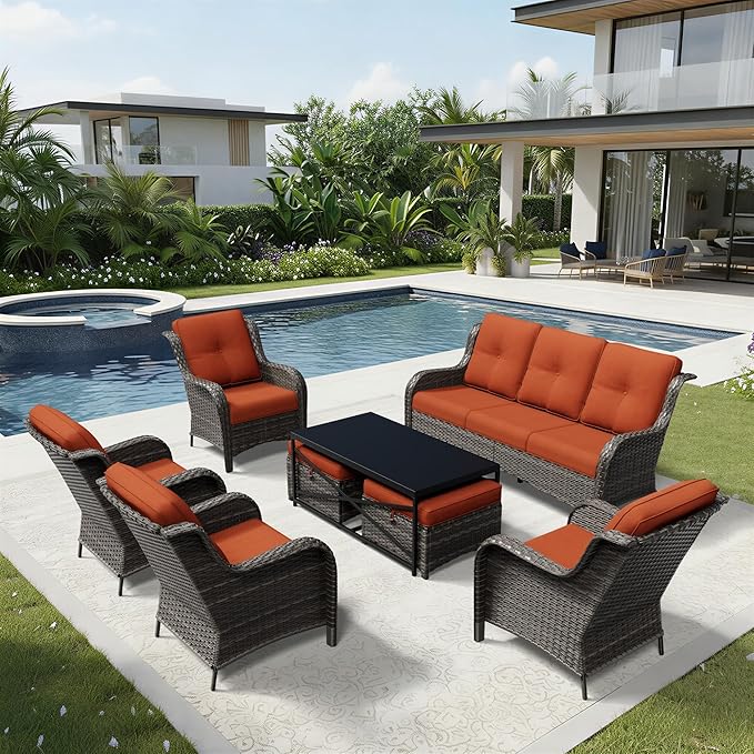 Joyside 8 Piece Wicker Patio Furniture Set, Rattan Patio Chairs with High Back, Deep Seating, Wide Armrest, Thickened Cushions, Outdoor Furniture for Deck, Porch Use