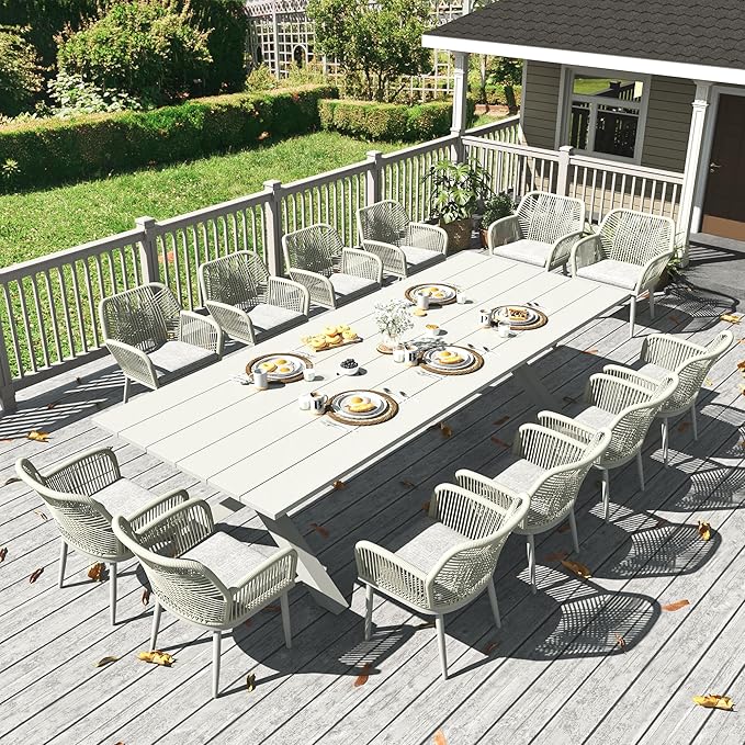LayinSun Outdoor Dining Set for 12, 13 Pieces Patio Furniture Sets with Aluminum Dining Table and Rope Weave Chairs