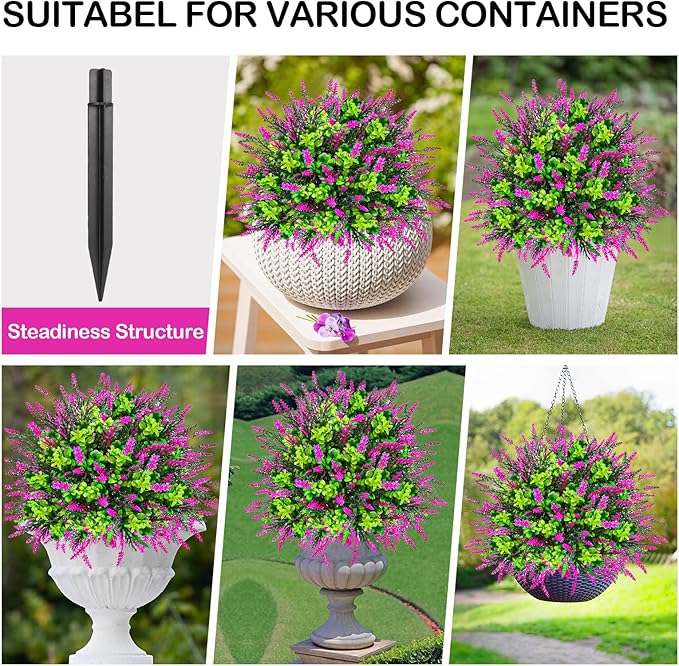 ENVEN Artificial Topiary Lavender Ball Tree Outdoor Plants with Ground Spike 22"- UV Resistant Faux Shrubs, Eucalyptus Fake Plants for Indoor & Garden, Yard, Porch, Patio Decor (Pink Green)