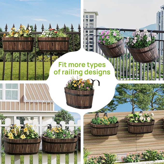 Wooden Hanging Planter for Railing Fence Outdoor Planter Railing Planter Boxes for Plants Wall Planters Window Flower Box Hanging Bucket Pots Countryside Plant Holder (Carbonized,2pcs,Large)