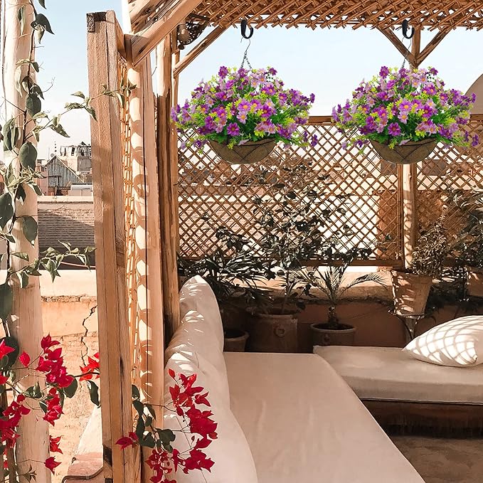 Lamsze Artificial Faux Hanging Plants Flowers Basket for Summer Autumn Outdoor Outside Porch Decoration, Fake Silk Colorful Daisy Eucalyptus UV Resistant Look Real for Home Patio Balcony Yard