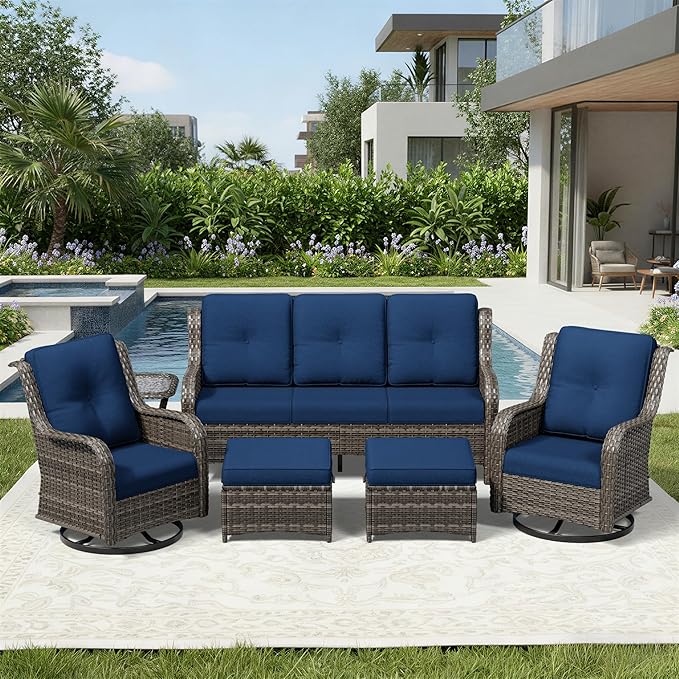 Joyside 6 Piece Wicker Patio Furniture Set, Outdoor Swivel Rocker Patio Chairs with High Back, Deep Seating, Wide Armrest, Thickened Cushions, Outdoor Furniture for Deck, Porch Use