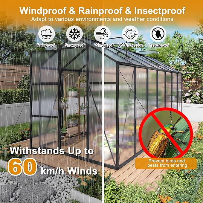 KEIKI Aluminum 6x14 FT Walk-in Polycarbonate Greenhouse, Outdoor Gardening Greenhouse with Raised Base, Roof Vent & Weather-Resistant Panels, Black