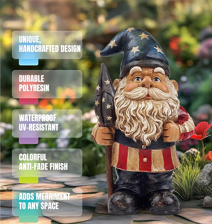 Better Office Products Garden Gnome Statue, 12" Height, Handcrafted Waterproof, UV-Resistant Polyresin Lawn Patio Porch Ornament Decoration (Yankee Doodle Patriot)