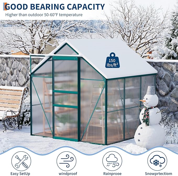 GarveeHome 6 x 6 FT Polycarbonate Greenhouse, Winter Greenhouses for Outdoors with Aluminum Frame, Sliding Door, Adjustable Roof Vent, Backyard Green Houses, Patio Garden, Green