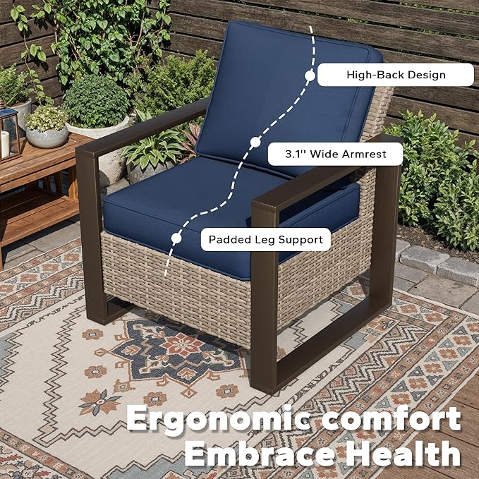 Joyside Outdoor Patio Chairs, 6 Pieces Wicker Rattan Furniture Set, 4 Patio Chairs and 2 Ottoman, Metal Wide Armrest, Thick Cushions and Deep Seating for Garden, Backyard, Porch, Deck