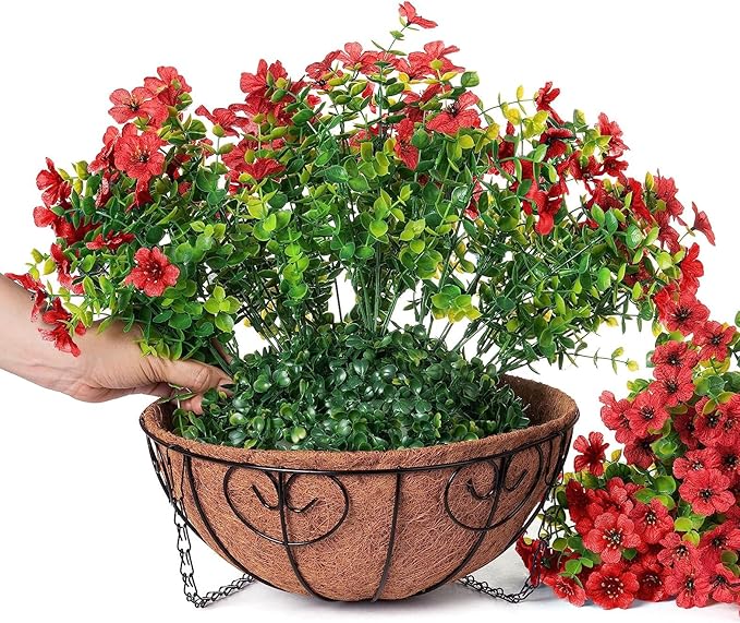 HyeFlora Artificial Fake Hanging Red Plants Flowers Basket for Outdoor Fall Winter Christmas, Faux Silk Daisy Mums Look Real UV Resistant for Outside Porch Home Patio Garden Yard Decoration