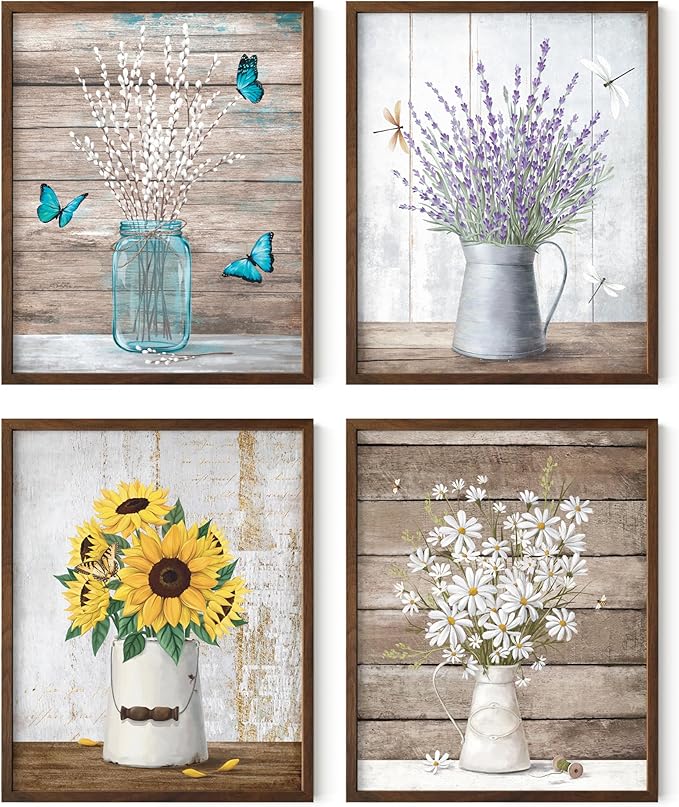HAUS AND HUES Flower Wall Decor - Set of 4 Floral Art Prints, Framed Flower Paintings, Botanical Wall Art, Vintage Floral Pictures, Nature-Inspired Decor (Framed Walnut, 8x10)