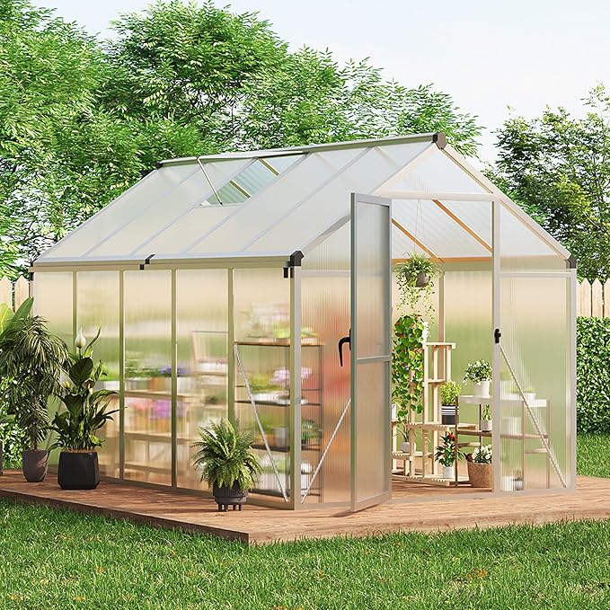6x10 FT Greenhouse, Greenhouses for Outside, Polycarbonate Greenhouse with Aluminum Frame, Lockable Door and Ajustable Roof Vent for Backyard, Green Houses for Outside Garden Backyard, Patio