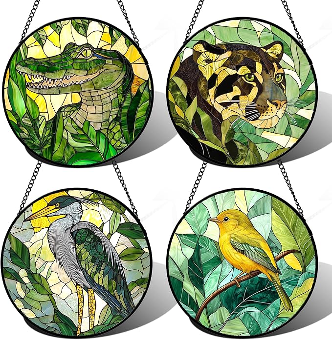 DASTOLL Stained Glass Window Hanging 4 Pcs Set Green Plants Animals Theme Large 11.8" - Bird Tiger Suncatcher Door Garden Sun Catcher Decor Birthday for Mom Woman Nana Men Friend