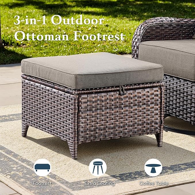 Belord Luxury 6" Thick Cushioned 5 Pieces Patio Furniture Set with 2 Ottomans, Wicker Outdoor Conversation Set with High Back Swivel Rocker Patio Chairs for Deck Porch Yard and Poolside - Brown+Grey